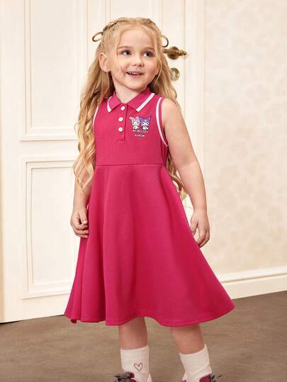 HELLO KITTY AND FRIENDS | SHEIN 女童休闲卡通图案 Polo 领无袖连衣裙，夏季