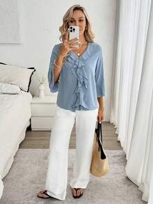 Louniche Áo sơ mi nữ tay bồng dáng suông màu xanh trơn, thích hợp cho kỳ nghỉ, ở nhà và mặc đa năng, mùa xuân/hè. - Màu xanh lam - Xem 6