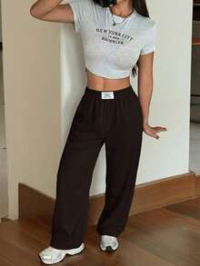 SHEIN EZwear Black Loose Casual Straight Leg Pants, Spring/Summer - Chocolate Brown - View 3