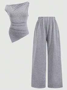 SHEIN 少女休闲不对称下摆修身针织上衣和直筒裤套装，浅灰色，春夏款 - 淺灰色 - 查看 2