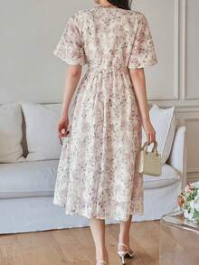 DAZY 女士优雅印花立领抽绳中长连衣裙，夏季 - 粉色 - 查看 2