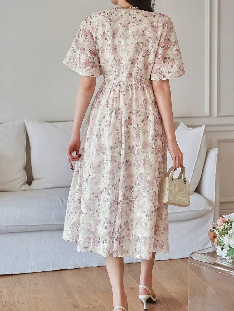 Women's Elegant Floral Print Stand Collar Drawstring Midi Dress, Summer,Wedding Guest Dress Women Sundress