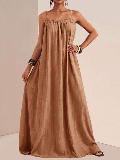 Slaydiva Đầm xếp ly màu trơn dáng rộng thoải mái có dây đeo vai, cỡ lớn