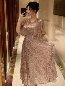 DAZY Đầm dài ngang gối cổ tròn đính sequin thanh lịch dành cho nữ, đầm dự tiệc cưới mùa hè, đầm lấp lánh, đầm maxi, đầm mùa hè. - Hồng - Xem 10