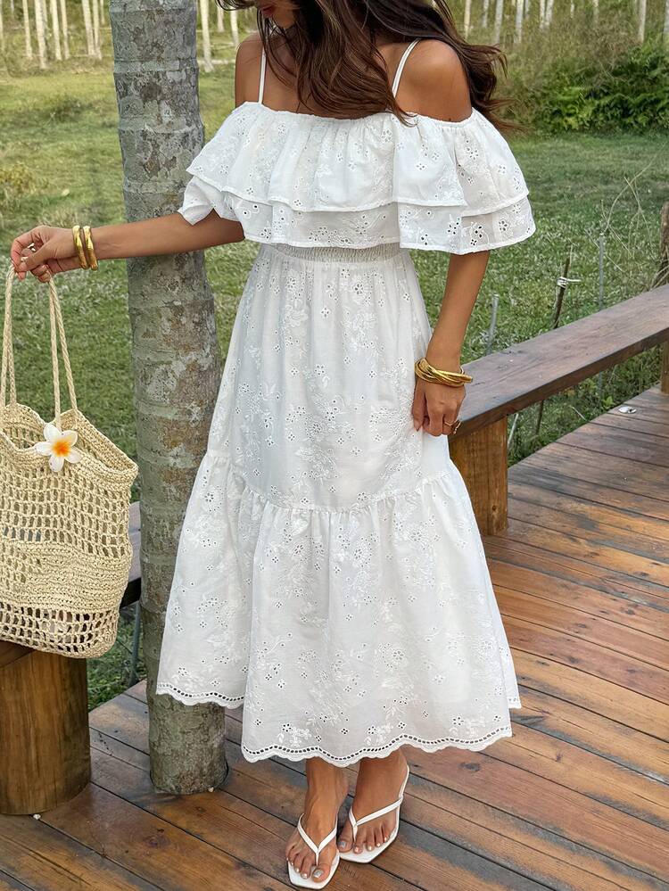 Women's Elegant Embroidered Off Shoulder Ruffle Hem White Midi Dress, Summer Wedding Guest Dress Sundress Boho