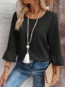 EMERY ROSE 女士纯色圆领休闲百搭七分袖衬衫 - 黑色 - 查看 4