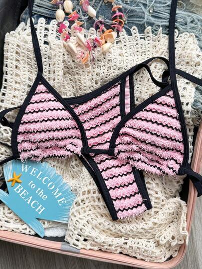 Swim Mod 新款多色黑粉网眼针织面料 MOD 沙滩度假三角杯侧系带高衩比基尼两件套泳衣，女士，春夏款