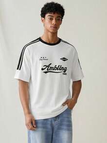 SWAVVY 男士休闲时尚街头运动字母印花撞色条纹侧边短袖T恤，夏季 - 黑與白 - 查看 3