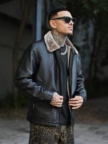 Devon Thys 男士长袖PU皮立领保暖内衬皮夹克，时尚休闲，秋季款 - 黑色 - 查看 6