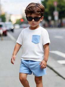 SHEIN Genkimix Kids 2 Stücke/Set Kontrastfarben Kurzarm T-Shirt mit Tasche und Shorts für Kleine Jungen, Lässig - Verschiedenfarbig - Übersicht 3