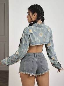 SHEIN PETITE 女士翻领做旧毛边下摆百搭日常长袖牛仔外套 - 藍色 - 查看 2