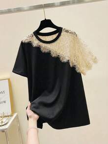 EMERY ROSE Plus Size Women Lace Patchwork Casual T-Shirt, Commuting & Leisure Wear - Multicolor - View 1