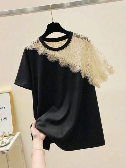 EMERY ROSE Plus Size Women Lace Patchwork Casual T-Shirt, Commuting & Leisure Wear