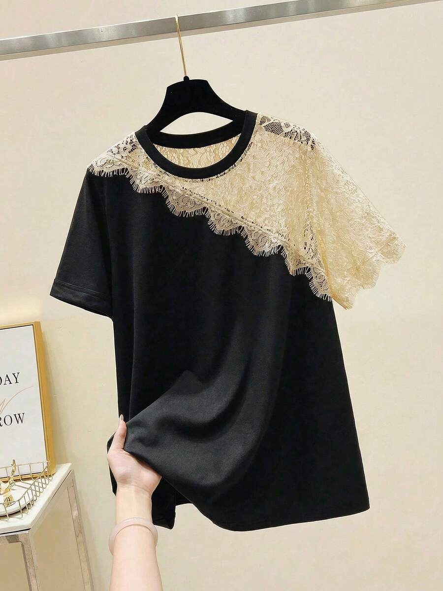 EMERY ROSE Plus Size Women Lace Patchwork Casual T-Shirt, Commuting & Leisure Wear - Multicolor - View 1