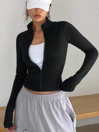 DAZY Chaqueta ligera de mujer de unicolor minimalista para deportes casuales y viajes, con cuello alto y cremallera, ajustada, para primavera/otoño