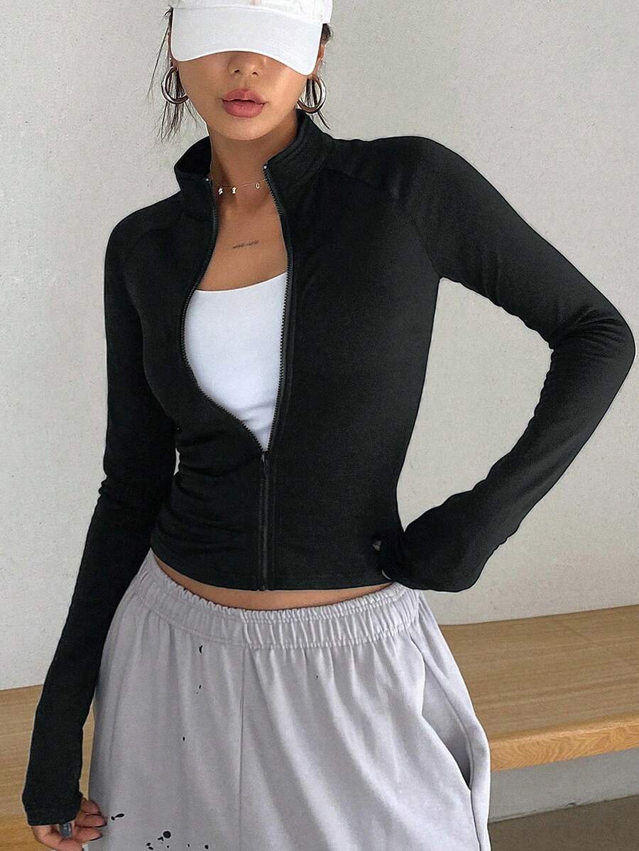 DAZY جاكيت نسائية رياضية كاجوال للتنقل، بتصميم بسيط ذات لون أحادي، طوق عمودي، سحاب، مناسبة للياقة البدنية، خفيفة الوزن، مناسبة لفصلي الربيع والخريف - الأسود - مشاهدة 1