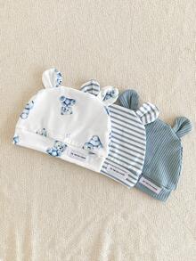 6件套新生儿婴儿套装，可爱卡通熊条纹印花，包含连体衣、连身裤、裤子和帽子，婴儿服装套装 - 藍色 - 查看 8