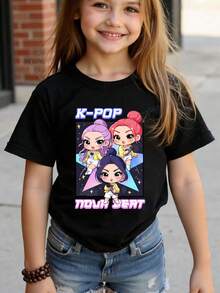 GraphicGems Áo thun ngắn tay cổ tròn in chữ và hoạt hình dành cho bé gái, lý tưởng cho fan K-Pop và mặc hàng ngày, áo thun đen dễ thương cho bé gái, phù hợp cho mọi mùa. - màu đen - Xem 2