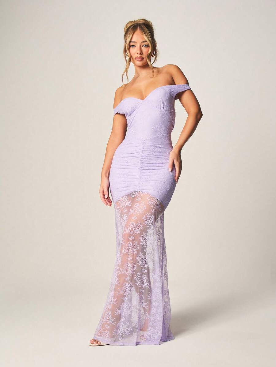 MISSGUIDED 露肩褶皱薰衣草色长款连衣裙,蕾丝下摆细节,适合晚宴、婚礼宾客、正式场合。 - 紫色 - 查看 1