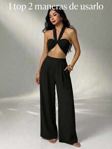 Conjunto de 2 piezas top convertible varias formas de uso y pantalón amplio de tiro alto - Negro - Ver 2