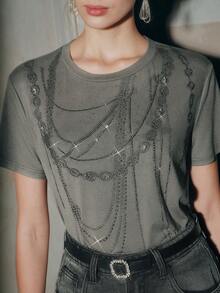 Anewsta Women's Heavy Chain Print Rhinestone Embellished T-Shirt - Grey - View 2