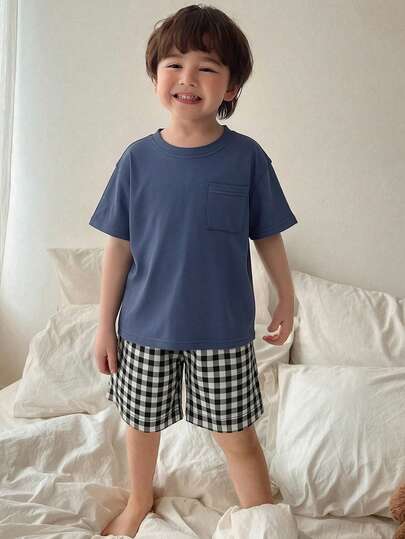 DAZY Toddler Boys' Short Sleeve Solid Top & Plaid Shorts Pajama Set