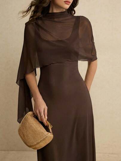 Poéselle 女士纯色立领披肩式优雅长裙