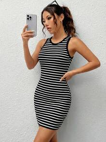 SHEIN EZwear 女士黑白条纹撞色迷你连衣裙，夏季 - 黑色 - 查看 6