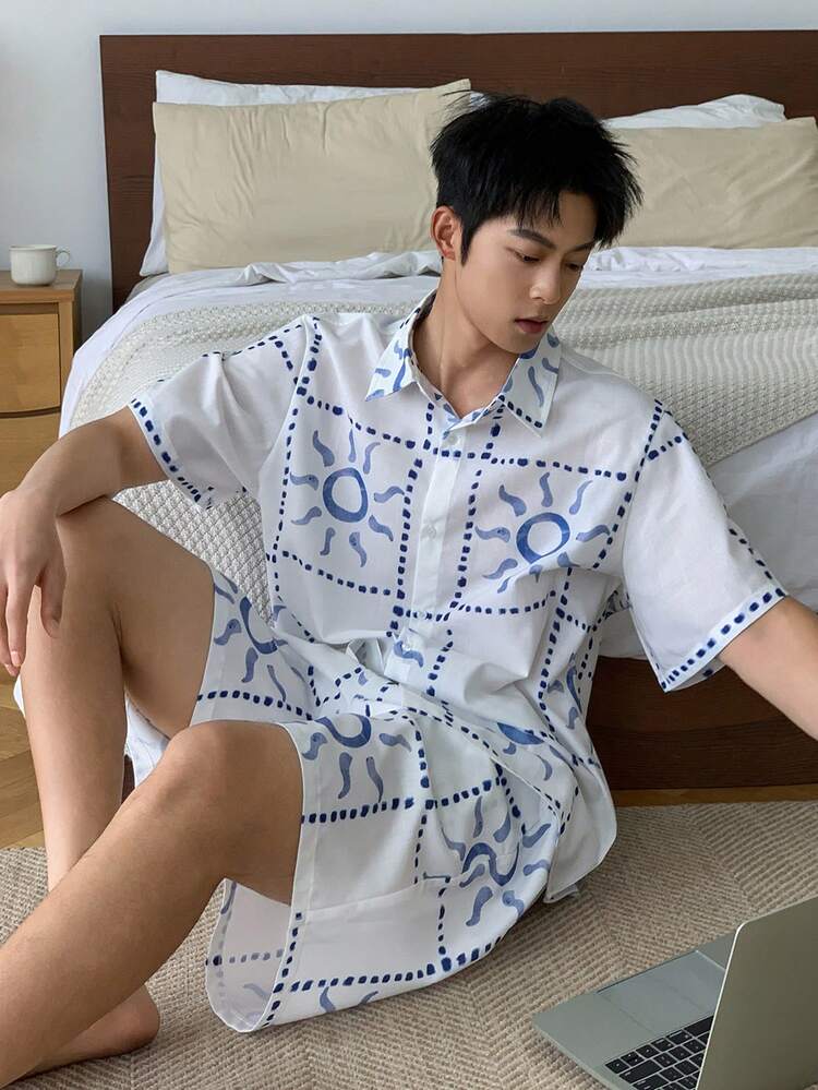 Men's Summer Floral Print Short Sleeve Shirt And Shorts Pajama Set