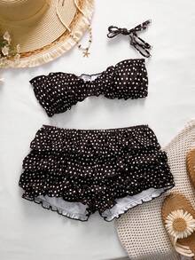 Swim Mod Women's New Polka Dot Print Spaghetti Strap Top And Ruched Floral Bottoms Sexy Swimwear Set - Multicolor - View 7