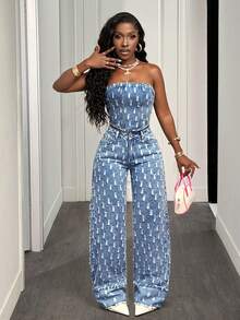 Slaydiva 女士牛仔休闲抹胸上衣 - 淺色水洗藍 - 查看 6