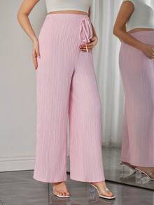 Momance 女士长款纹理面料优雅系带直筒孕妇裤 - 粉色 - 查看 5