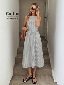 Easowa Robe mi-longue à taille froncée et coupe évasée, rayures bleues et blanches, sans manches. Décontractée, élégante pour les vacances, en coton respirant. - Noir et Blanc - Voir 5