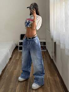 StreetHx 女士宽松蓝色牛仔裤，带口袋，时尚夏季款 - 藍色 - 查看 4