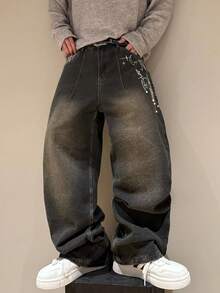 Manfinity EMRG 复古做旧刺绣铆钉宽松直筒休闲牛仔裤，时尚街头服饰 - 黑色 - 查看 3