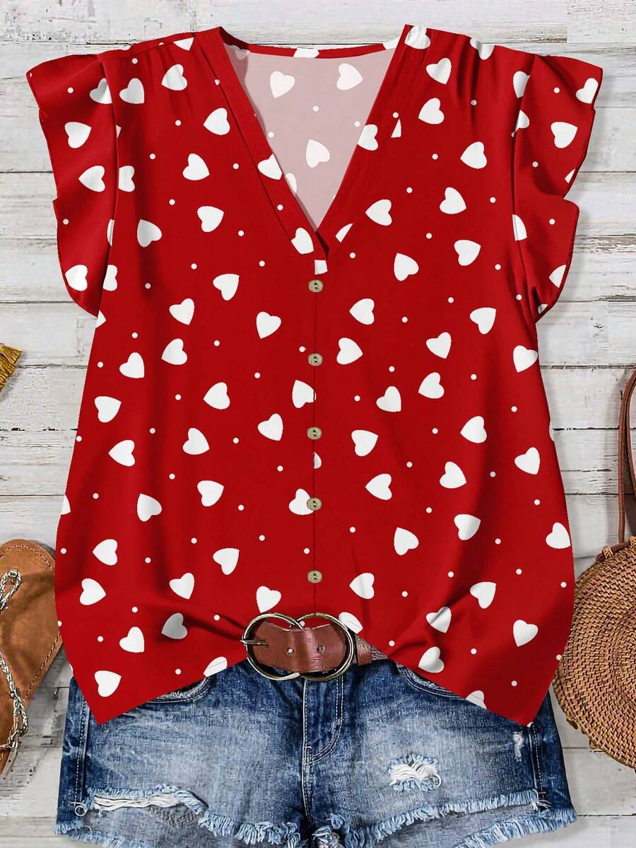 EMERY ROSE 休闲简约风复古红底白心波点印花女式衬衫，适合夏季穿着 - 彩色 - 查看 1