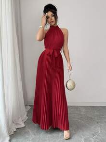 SHEIN PETITE Đầm chữ A không tay cổ cao buộc dây sau lưng trang trí bèo nhún dành cho nữ - Màu Đỏ Sâu - Xem 3