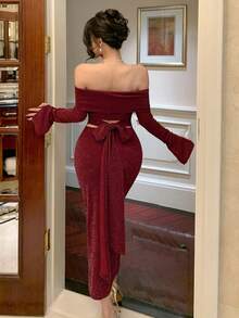 DAZY 女士露肩长袖露背系带修身中长连衣裙 - 酒紅色 - 查看 2