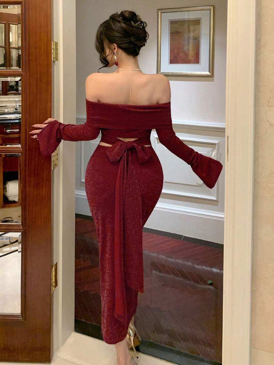 DAZY 女士露肩长袖露背系带修身中长连衣裙 - 酒紅色 - 查看 1