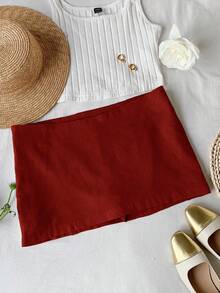 Comfortcana Summer Red Linen Mini Low-Waist Skirt - Red - View 4