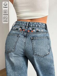 EURMUSE 100% Cotton Women's Denim Pants With Embroidery Detailed - Medium Wash - View 1