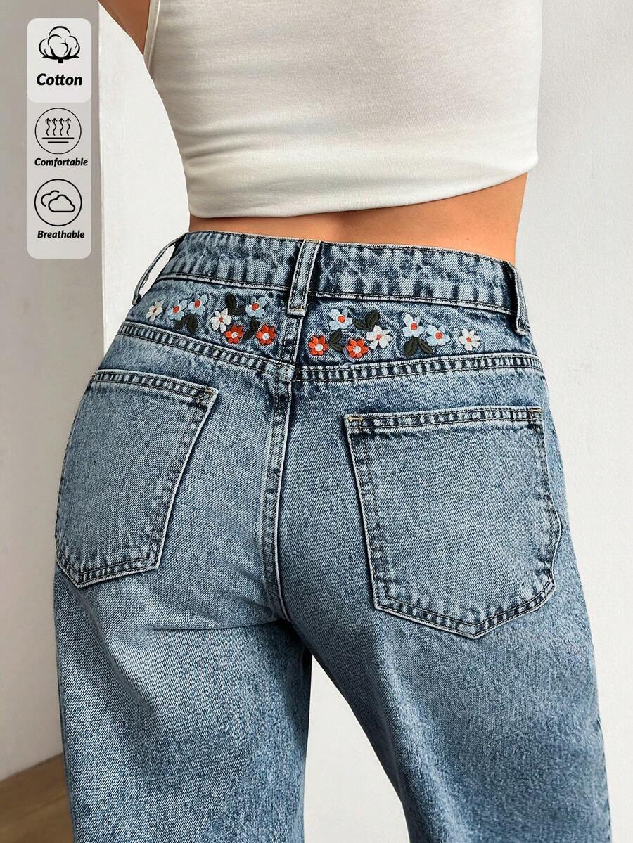 EURMUSE 100% Cotton Women's Denim Pants With Embroidery Detailed - Medium Wash - View 1