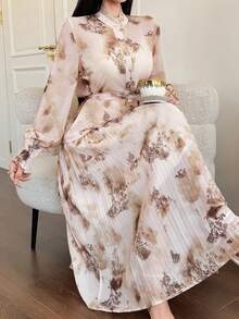 DAZY 女士优雅印花荷叶边腰带衬衫和百褶裙两件套，春夏婚礼宾客礼服 - 卡其色 - 查看 3