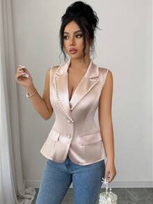 SHEIN Clasi Women's Solid Color Faux Pearl Decor Asymmetric Lapel Single Breasted Elegant Sleeveless Blazer - Apricot - View 6