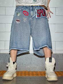 ROMWE MEN Street Life Men's Slogan Logo Embroidered Accent Drawstring Denim Shorts, Collegiate Style - Blue - View 6