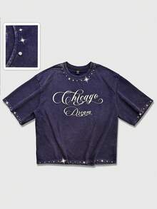 ROMWE MEN Men's Rhinestone Decor Simple Print Short Sleeve T-Shirt - Royal Blue - View 5