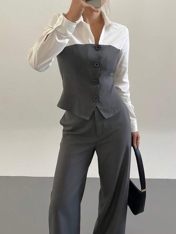 2pcs Women Elegant Patchwork Formal Shirt Camisole Top And Casual Pants Set