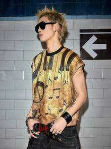 ROMWE MEN Street Life Men's Summer Casual Fashionable Street Punk Style Music Note Print Loose Tank Top - Yellow - View 6