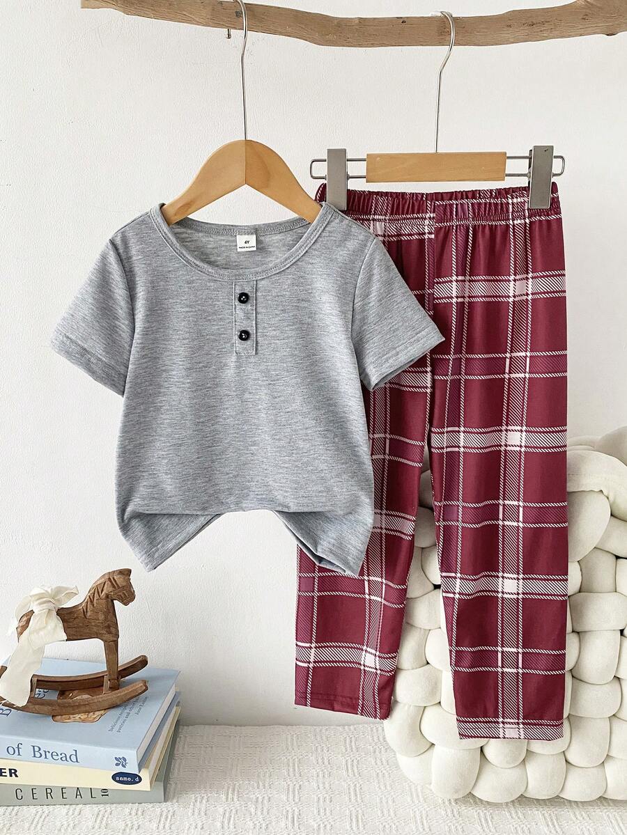 两件套男童休闲灰色圆领短袖上衣和红色格子裤套装，夏季家居服 - 紅色 - 查看 1