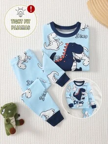 Conjunto de pijama de niño pequeño con estampado de dinosaurio de dibujos animados y letras, con cuello redondo, manga larga y pantalón de cintura elástica, para primavera/otoño - Celeste - Ver 1